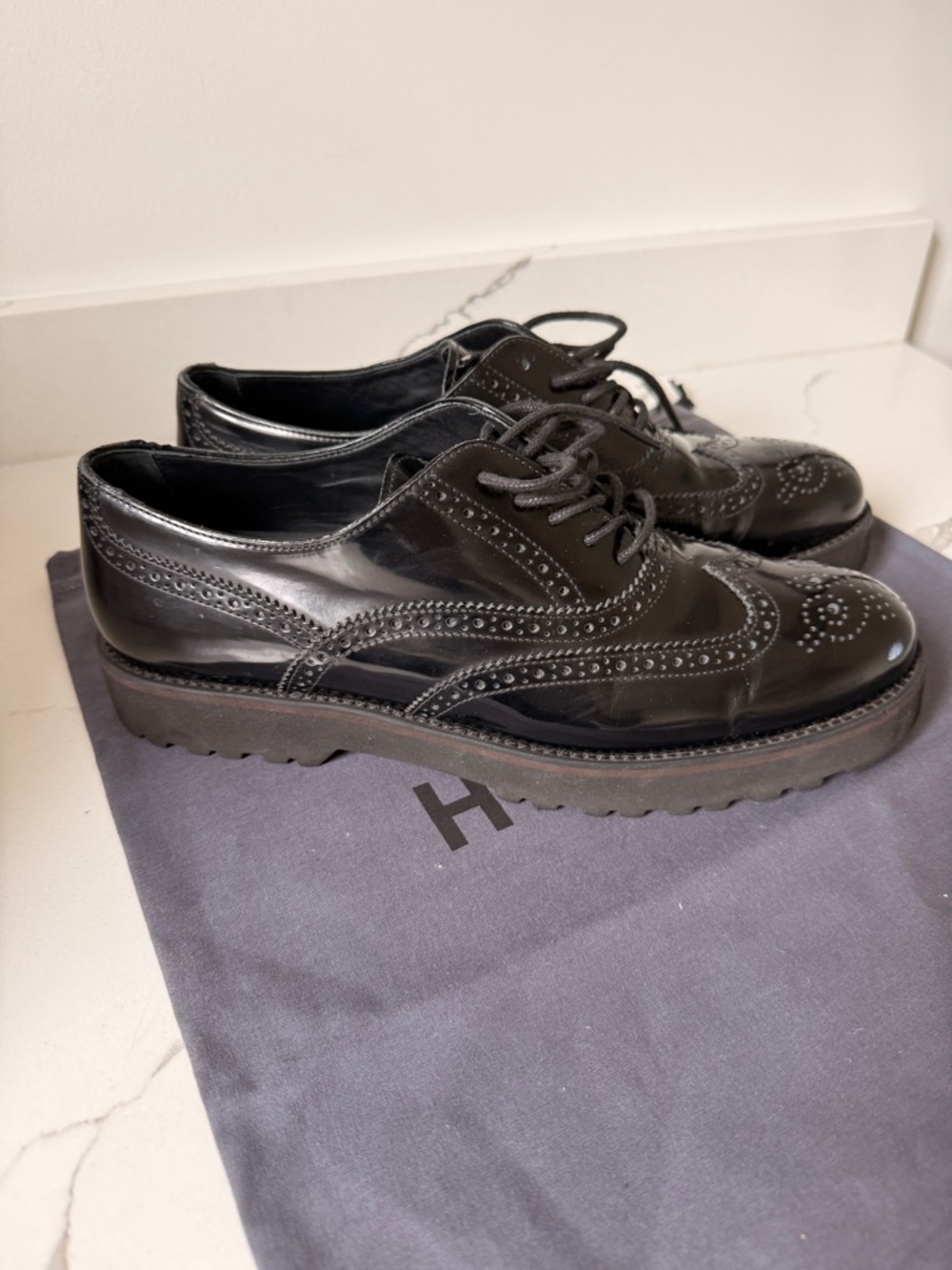 Hogan Black Patent Wingtip Derby Shoes